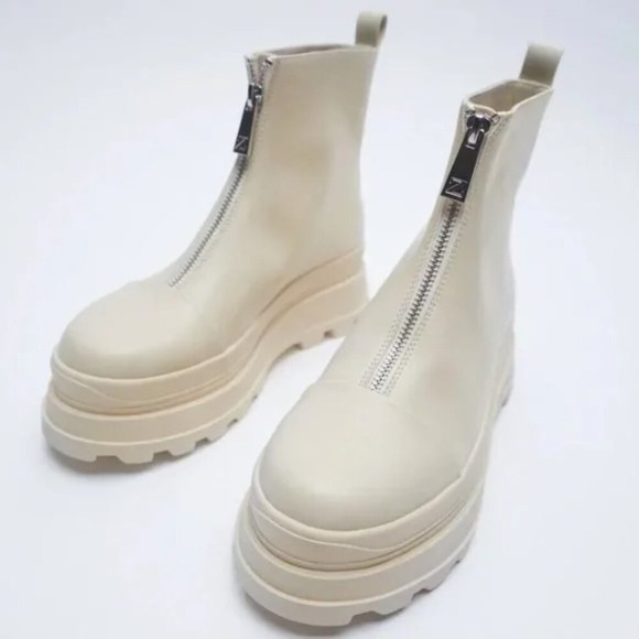 ZARA Ecru Chunky Lug Sole Front Zip Ankle Boots - Picture 5 of 11